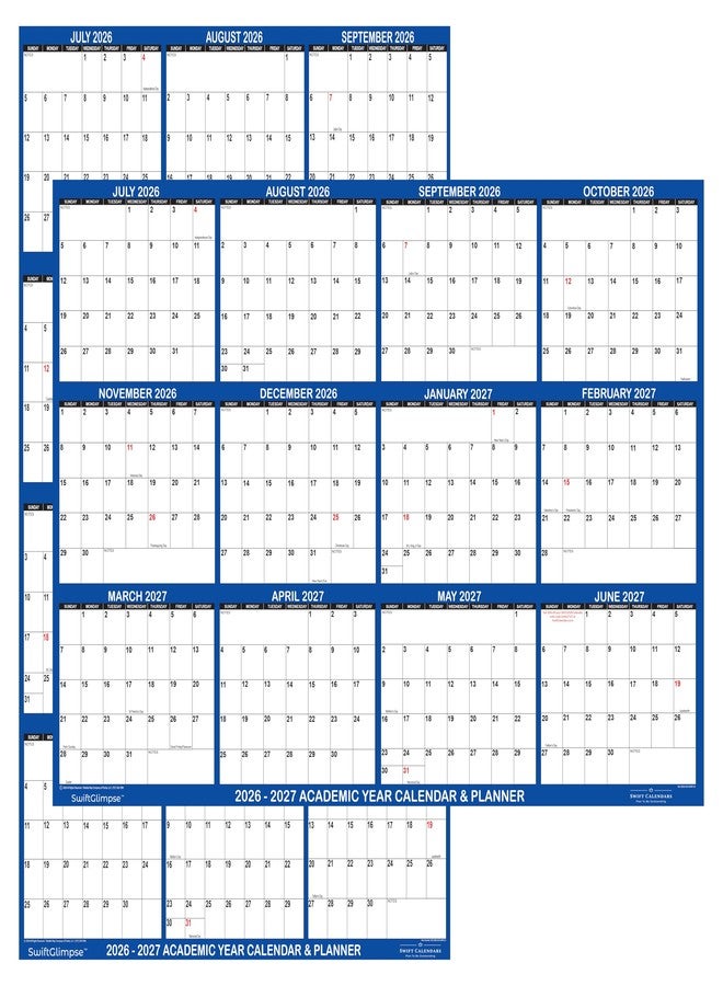Swiftmaps 18x24 SwiftGlimpse 2026-2027 Academic Wall Calendar Dry Erase Erasable, Large, Wet & Dry Erase Laminated, Reversible, Yearly Planner JULY 2026 to JUNE 2027 ONLY - Image 1