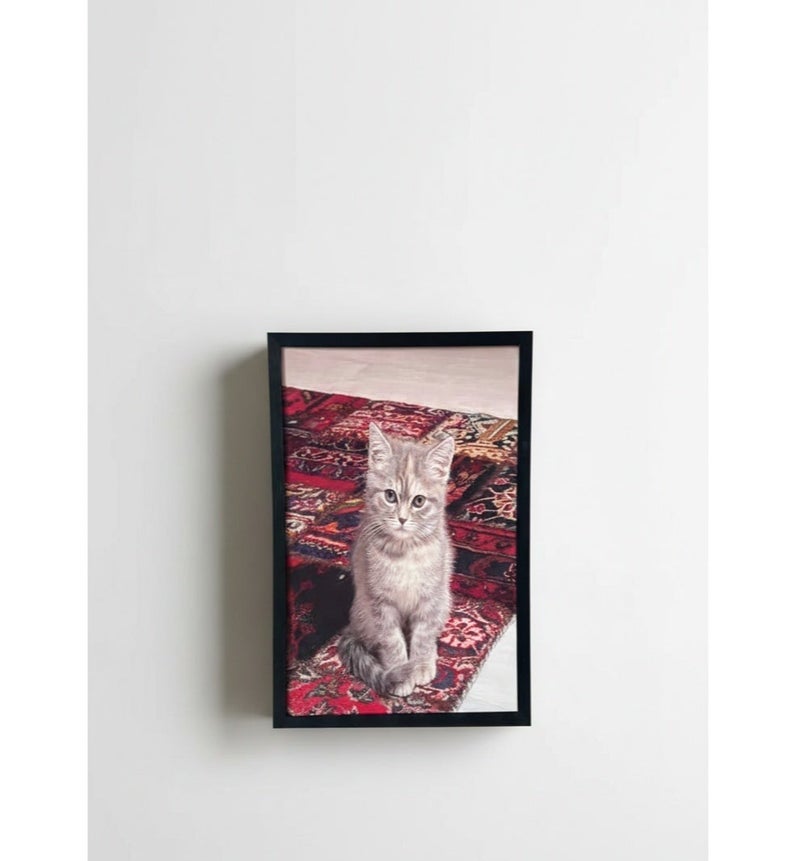 Gray Kitten on Persian Rug Wall Art Frame – Adorable Tabby Kitten on Red Oriental Carpet | Premium Framed Canvas | 60 × 40 cm (Vertical) - Image 1