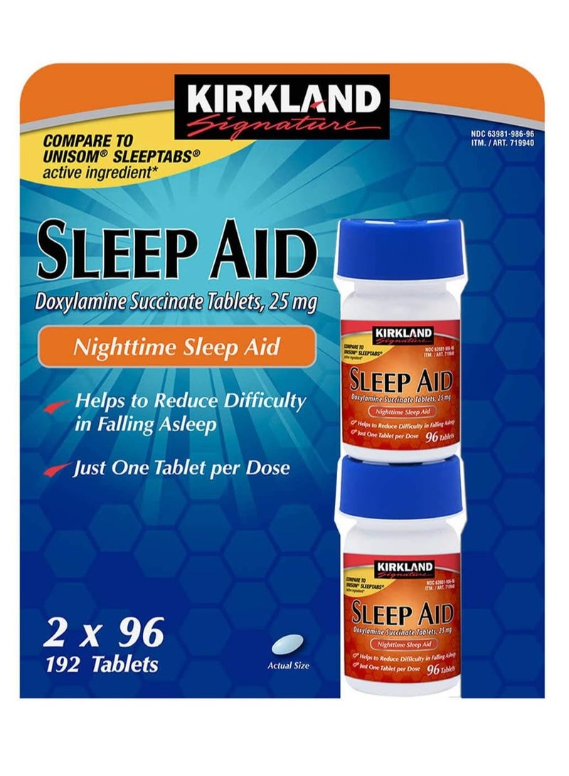 Kirkland Nighttime Sleep Aid (Doxylamine Succinate 25 Mg), 2 Bottles X 96 Tabs - Image 1