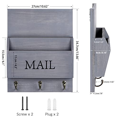 DLQuarts Mail Organizer with Key Holder for Wall Decorative Mail Sorter Wall Mounted, Wooden Mail Holder with 3 Hooks, Gray - Image 5