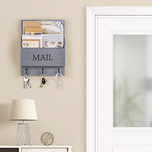 DLQuarts Mail Organizer with Key Holder for Wall Decorative Mail Sorter Wall Mounted, Wooden Mail Holder with 3 Hooks, Gray - Image 2