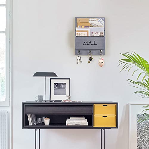 DLQuarts Mail Organizer with Key Holder for Wall Decorative Mail Sorter Wall Mounted, Wooden Mail Holder with 3 Hooks, Gray - Image 3