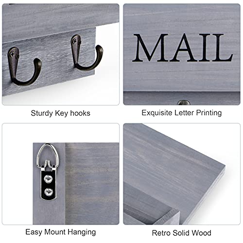 DLQuarts Mail Organizer with Key Holder for Wall Decorative Mail Sorter Wall Mounted, Wooden Mail Holder with 3 Hooks, Gray - Image 4