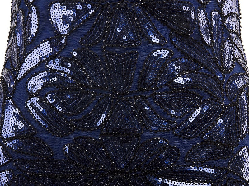 Vijiv 1920s Long Prom Dresses Sequins Beaded Art Deco Evening Party V Neck Back, Navy Blue, Small,Navy Blue,Small - Image 4