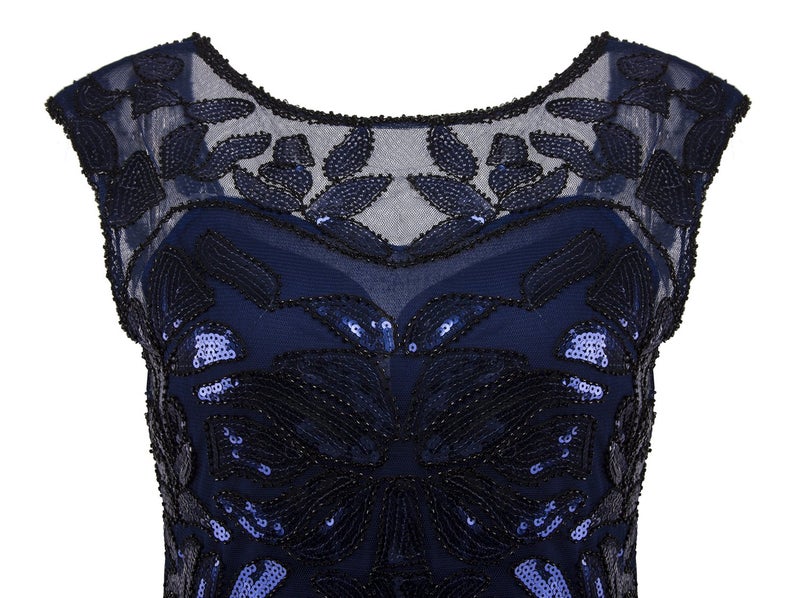 Vijiv 1920s Long Prom Dresses Sequins Beaded Art Deco Evening Party V Neck Back, Navy Blue, Small,Navy Blue,Small - Image 5