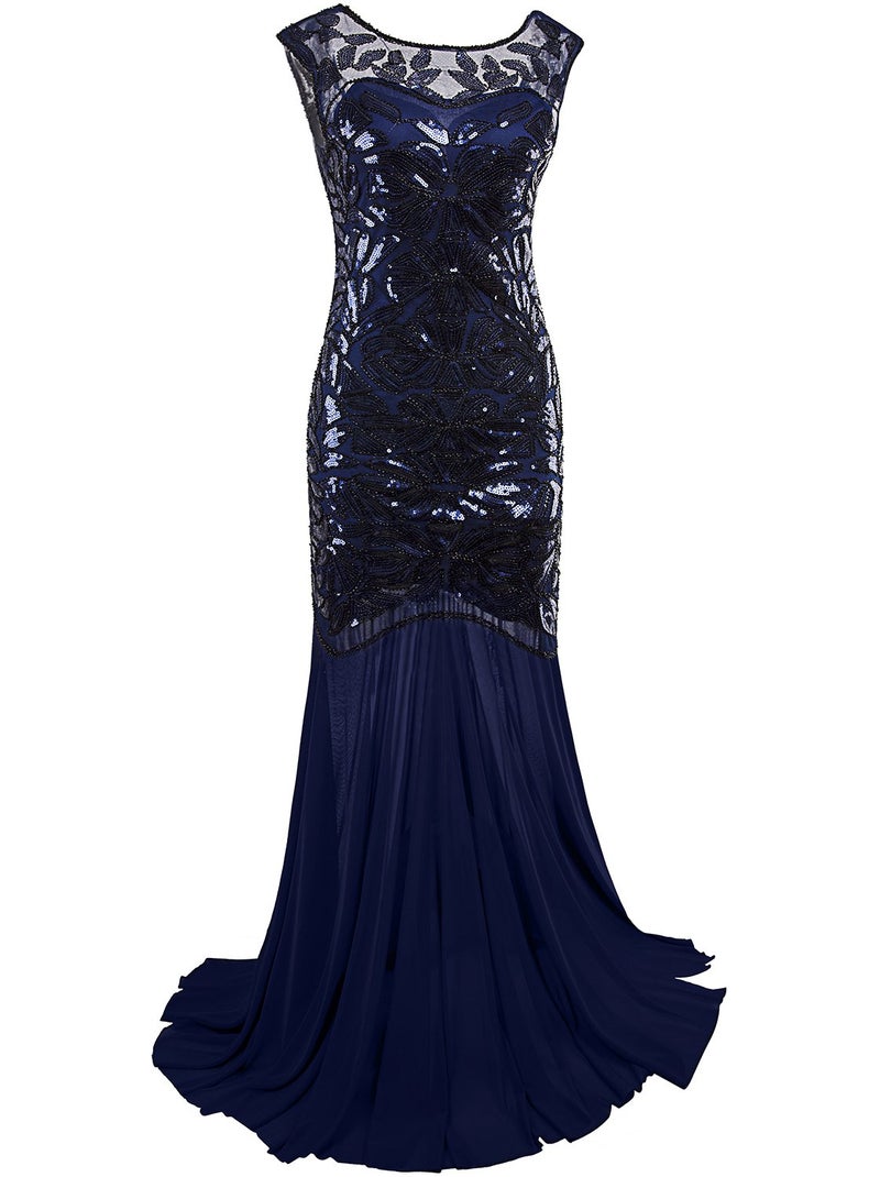 Vijiv 1920s Long Prom Dresses Sequins Beaded Art Deco Evening Party V Neck Back, Navy Blue, Small,Navy Blue,Small - Image 1