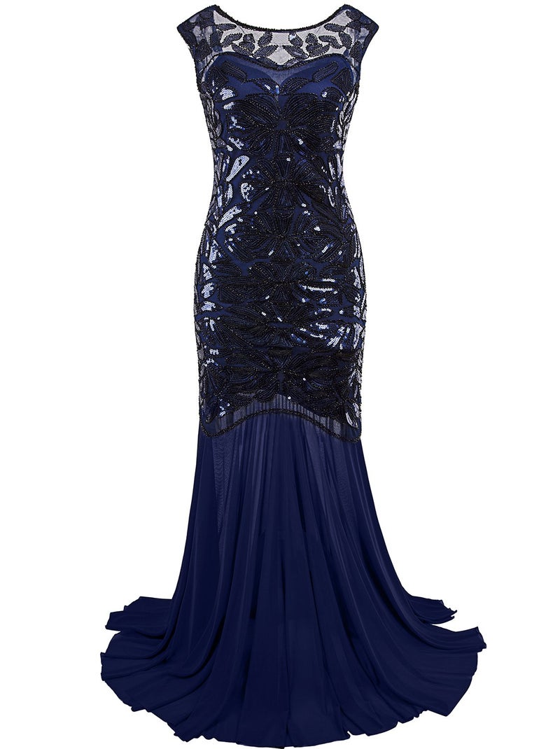 Vijiv 1920s Long Prom Dresses Sequins Beaded Art Deco Evening Party V Neck Back, Navy Blue, Small,Navy Blue,Small - Image 3