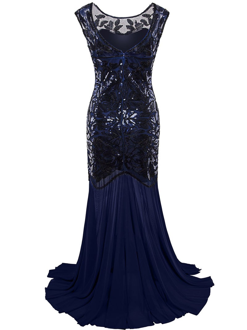 Vijiv 1920s Long Prom Dresses Sequins Beaded Art Deco Evening Party V Neck Back, Navy Blue, Small,Navy Blue,Small - Image 2