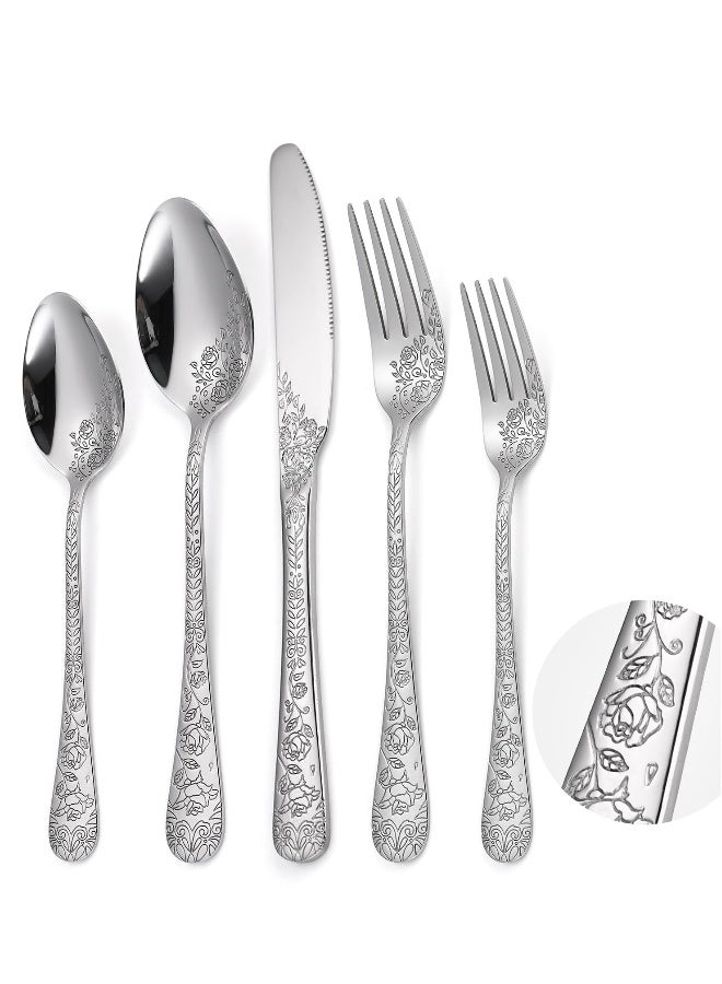 Elegant Floral Stainless Steel Flatware Set of 5 with Rose Design for Everyday Dining and Special Occasions - Image 1