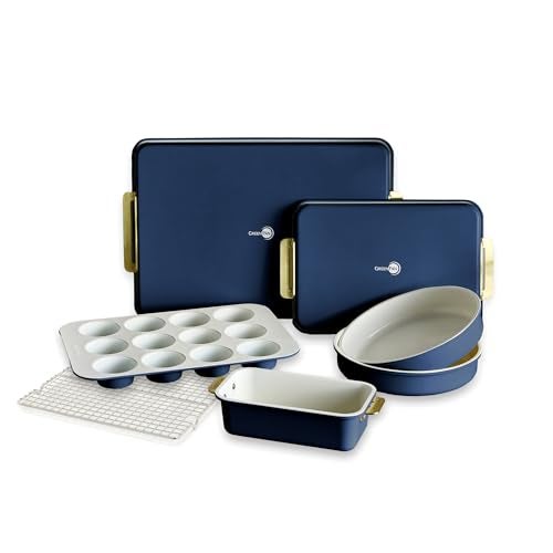 GreenPan Bakeware Set 7 Piece Nonstick Ceramic Gold Handle Baking Sheets Cake Pans Loaf Pan Muffin Tin Cooling Rack PFAS BPA Free Freezer to Oven Dish Bake Roast Ovenware Oxford Blue - Image 1
