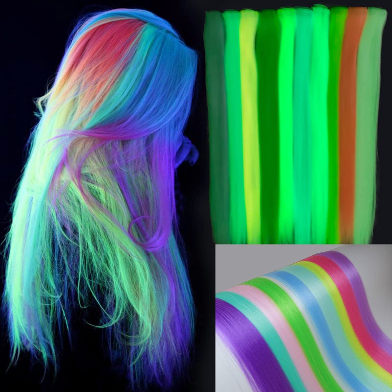 Ms Aloe 20 Pcs Glow in the Dark Hair Extensions Clip in Hair Extensions Colroful Luminous Hair Piece 22inch Straight Synthetic Hairpiece Highlights Clip in Hair Accessories for Women Girls Kids - Image 1
