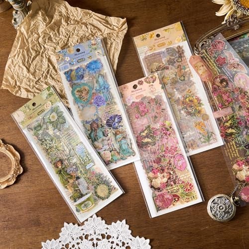 DEOXY Pack of 4 Sheet Design Mix Early Foam Stickers for Plastic Surface Morning Light Xiwei Series Three-Dimensional Laser Gilding European & American Retro Journal Material DIY Self Adhesive 8 cm - Image 1