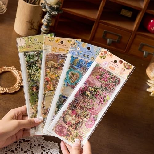 DEOXY Pack of 4 Sheet Design Mix Early Foam Stickers for Plastic Surface Morning Light Xiwei Series Three-Dimensional Laser Gilding European & American Retro Journal Material DIY Self Adhesive 8 cm - Image 2