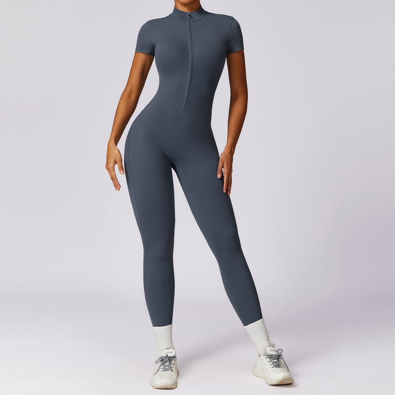 Zippered Short Sleeve Yoga Jumpsuit Women 8305 dark blue - Image 1