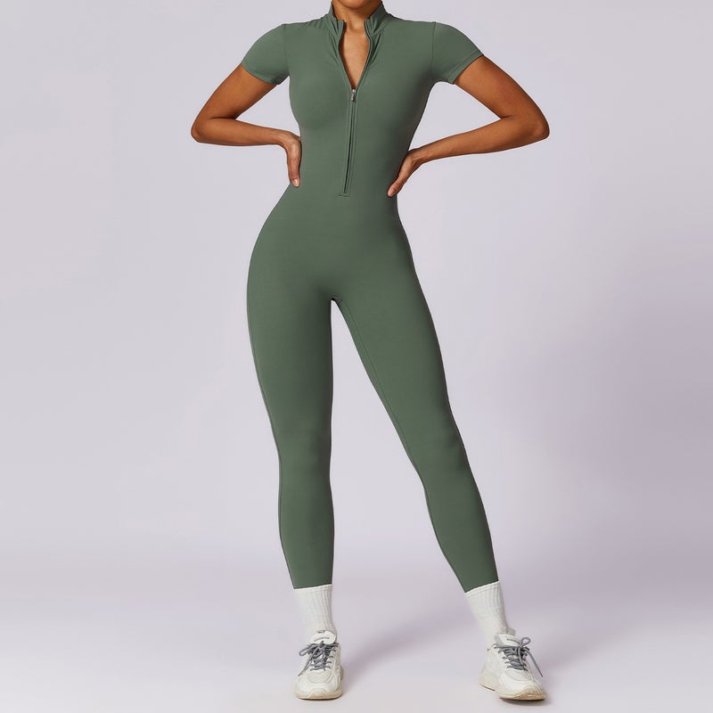 Zippered Short Sleeve Yoga Jumpsuit Women 8305 dark blue - Image 4