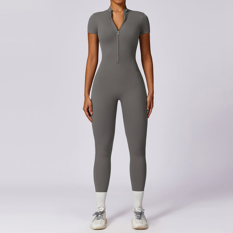Zippered Short Sleeve Yoga Jumpsuit Women 8305 dark blue - Image 2