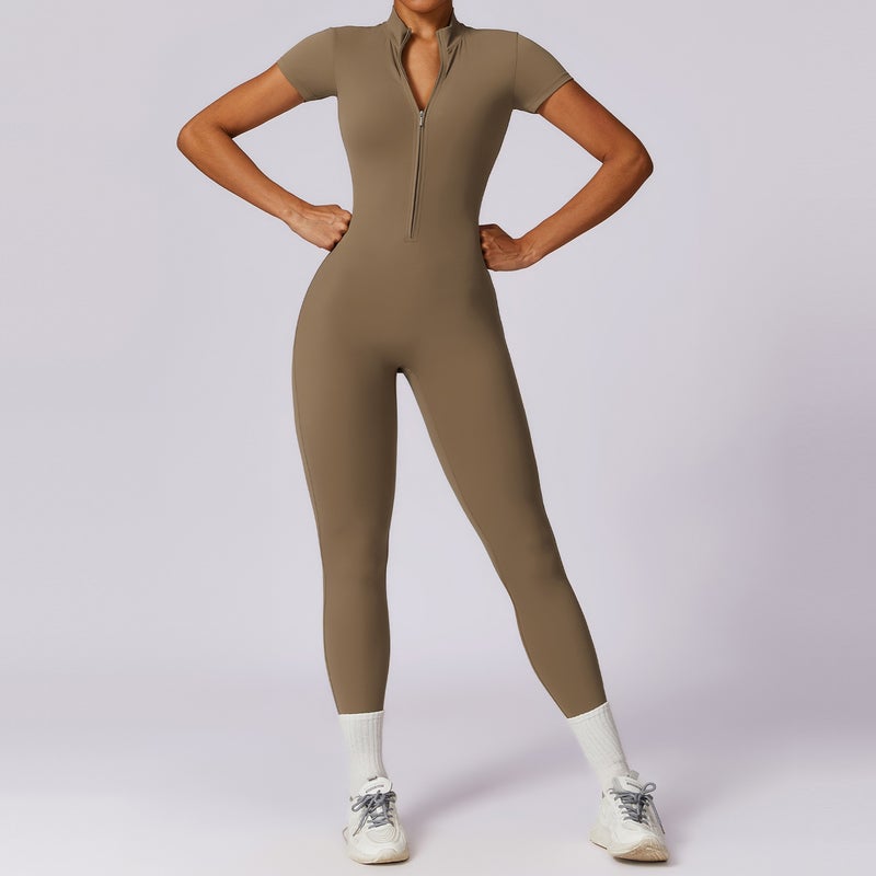 Zippered Short Sleeve Yoga Jumpsuit Women 8305 dark blue - Image 3