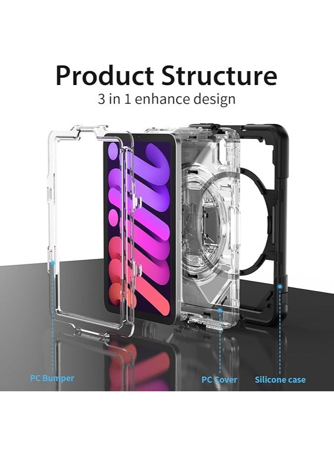 Rugged Shockproof Case Compatible with IPad Mini 7 (A17 Pro) 2024, Heavy Duty 3-Layers Design with Adjustable Hand Strap, Rotation Hidden Bracket u0026 Pen Slot