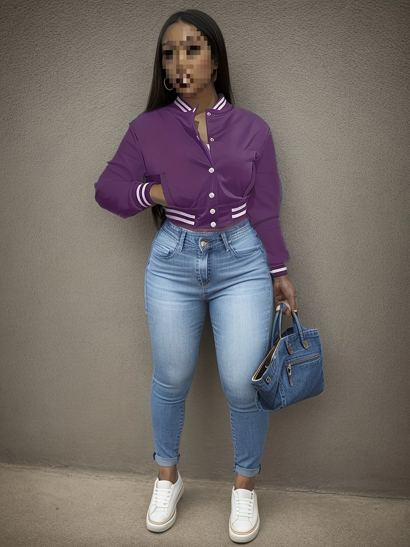 2024 Cross-border Spring and Autumn European and American Womens Solid Color Jacket Single-breasted Baseball Suit Sportswear Jacket Black Grey Purple