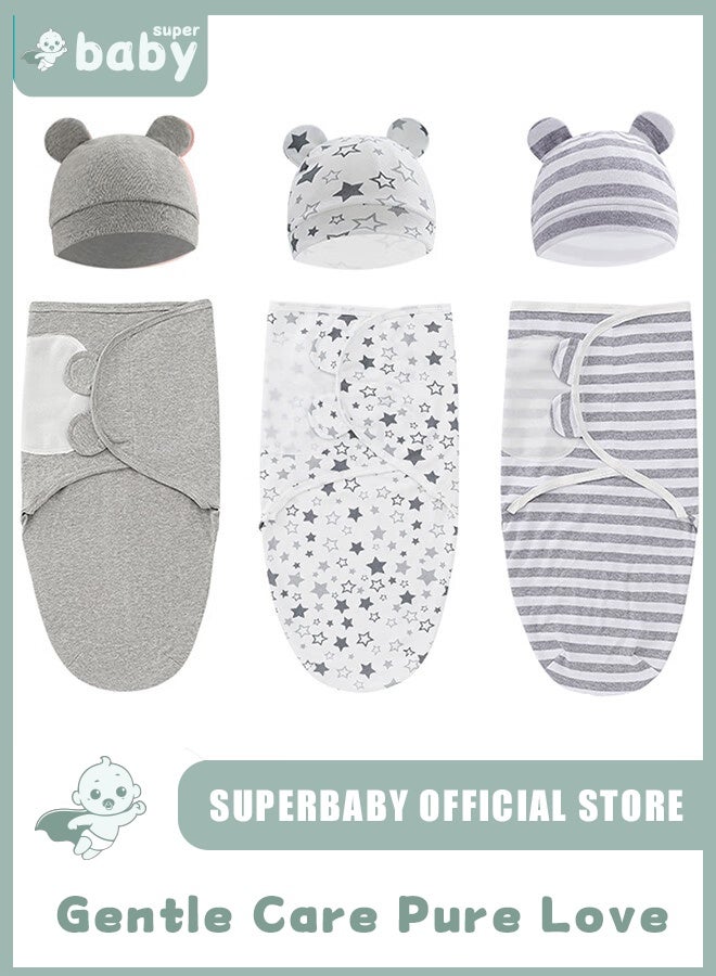 SuperBaby 6 PCS Baby Swaddle Blanket Wrap Cap Set Newborn Infant Sleep Sack With Caps 100% Breathable Cotton 0-4 Month - Image 1
