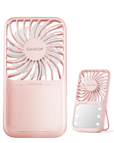 Gaiatop Portable Handheld Fan, 3 Speed LED Makeup Mirror with Light, Folding Stand for Desktop, Rechargeable Mini Personal Fans Small Travel Essentials Gifts for Women Girls - Image 1