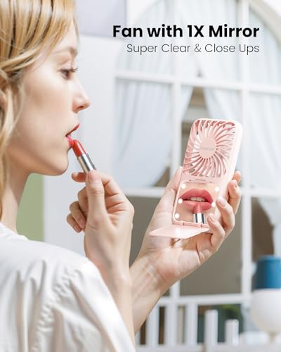Gaiatop Portable Handheld Fan, 3 Speed LED Makeup Mirror with Light, Folding Stand for Desktop, Rechargeable Mini Personal Fans Small Travel Essentials Gifts for Women Girls - Image 4