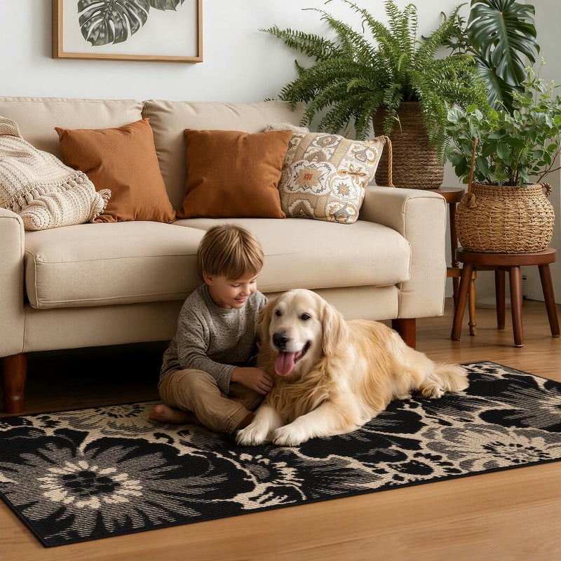Findosom Hallway Runner Rug 2x8, Non Slip High-Low Textured Floral Washable Runner Rug with Rubber Backing, Boho Carpet Runner for Kitchen, Entryway, Bedroom, Laundry, Black & Beige - Image 3