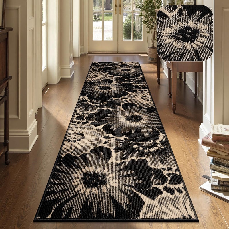 Findosom Hallway Runner Rug 2x8, Non Slip High-Low Textured Floral Washable Runner Rug with Rubber Backing, Boho Carpet Runner for Kitchen, Entryway, Bedroom, Laundry, Black & Beige - Image 1