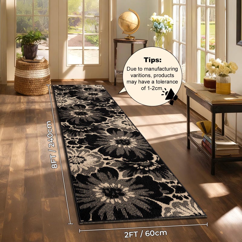 Findosom Hallway Runner Rug 2x8, Non Slip High-Low Textured Floral Washable Runner Rug with Rubber Backing, Boho Carpet Runner for Kitchen, Entryway, Bedroom, Laundry, Black & Beige - Image 2