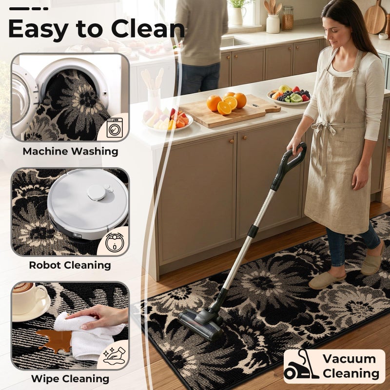 Findosom Hallway Runner Rug 2x8, Non Slip High-Low Textured Floral Washable Runner Rug with Rubber Backing, Boho Carpet Runner for Kitchen, Entryway, Bedroom, Laundry, Black & Beige - Image 5