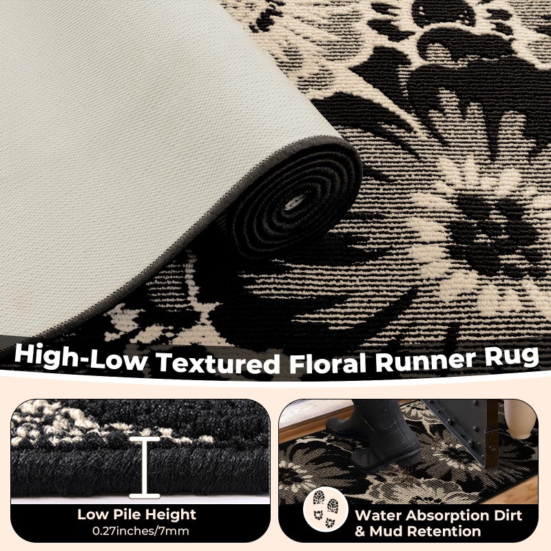 Findosom Hallway Runner Rug 2x8, Non Slip High-Low Textured Floral Washable Runner Rug with Rubber Backing, Boho Carpet Runner for Kitchen, Entryway, Bedroom, Laundry, Black & Beige - Image 4