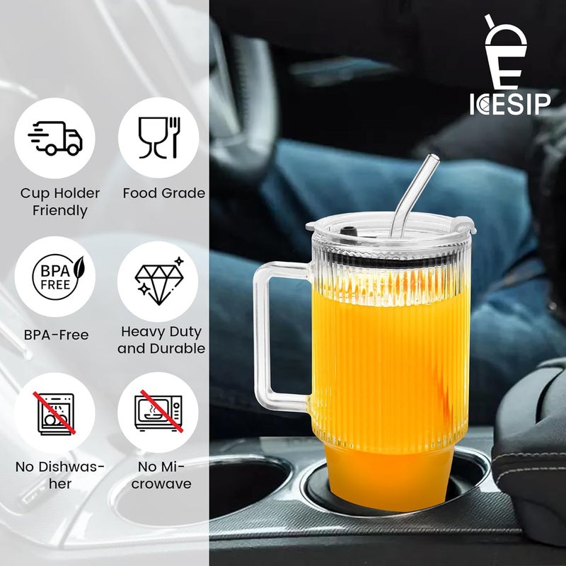 Icesip 24oz Ribbed Glass Cups with Lids and Straws Handle Thick Leak Proof Drinking Glasses Tumbler for Gift Cold Drink Smoothie Boba Tea(Ribbed with Thick Plastic Lid) - Image 3