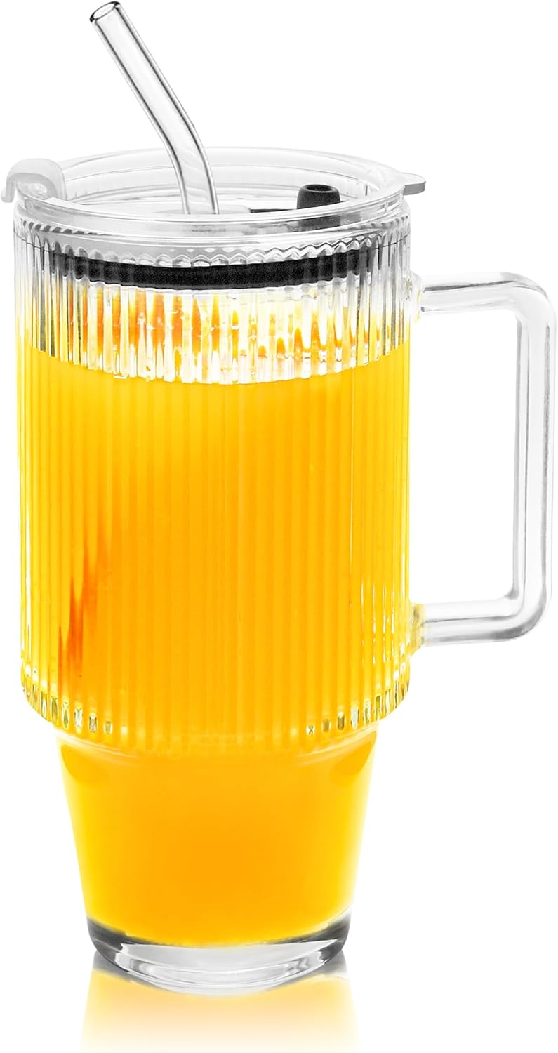 Icesip 24oz Ribbed Glass Cups with Lids and Straws Handle Thick Leak Proof Drinking Glasses Tumbler for Gift Cold Drink Smoothie Boba Tea(Ribbed with Thick Plastic Lid) - Image 1