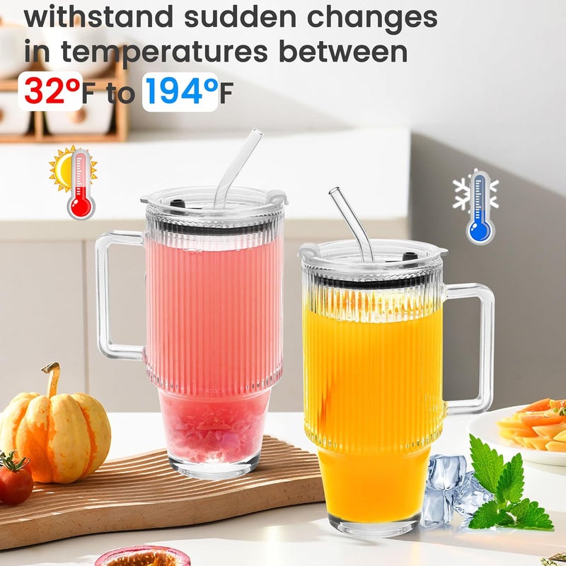Icesip 24oz Ribbed Glass Cups with Lids and Straws Handle Thick Leak Proof Drinking Glasses Tumbler for Gift Cold Drink Smoothie Boba Tea(Ribbed with Thick Plastic Lid) - Image 2