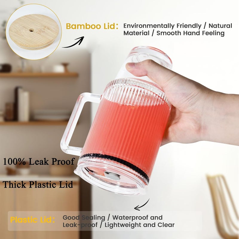 Icesip 24oz Ribbed Glass Cups with Lids and Straws Handle Thick Leak Proof Drinking Glasses Tumbler for Gift Cold Drink Smoothie Boba Tea(Ribbed with Thick Plastic Lid) - Image 4