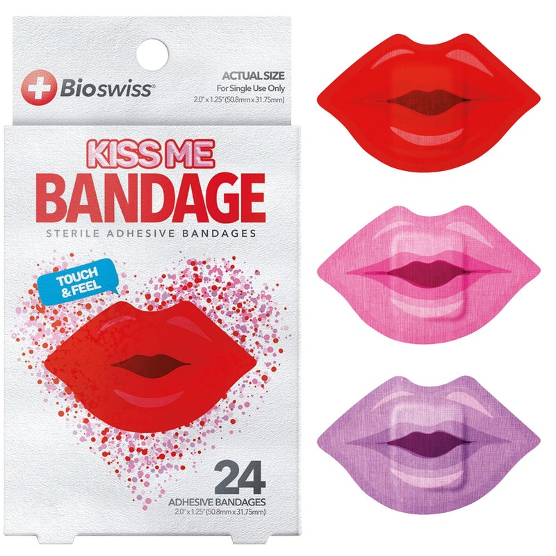 BioSwiss Bandages, Lips Shaped Self Adhesive Bandage Set, Latex Free, Sterile Wound Care, 24 Count - Image 1