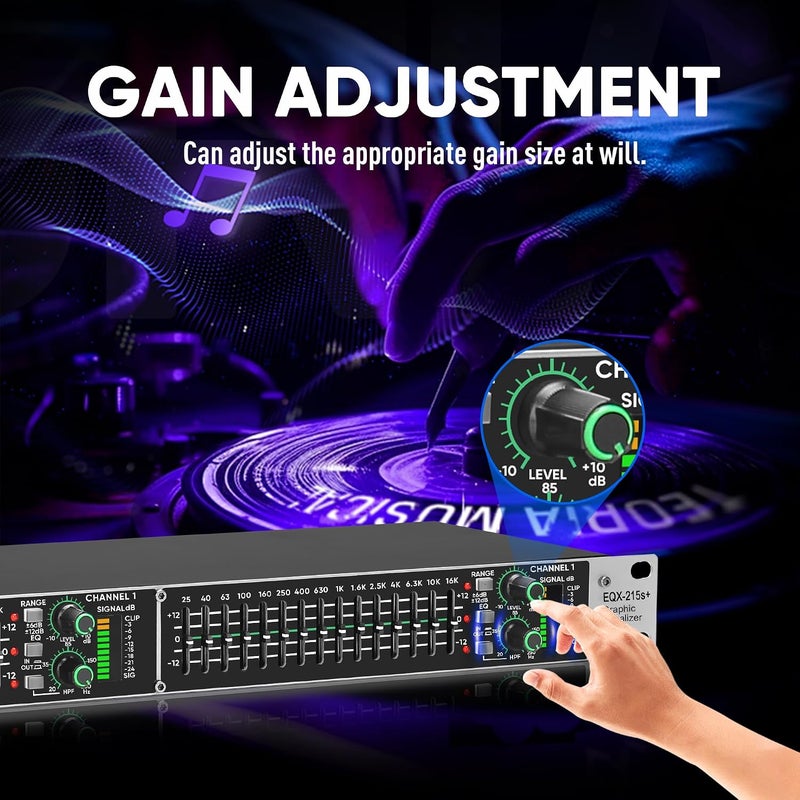 MIZISNR Stereo Graphic Equalizer for Home Audio System, Dual Channel 15-Band Pro DJ EQ, Noise Reduction 1U Rack Mount (EQX-215S) - Image 5
