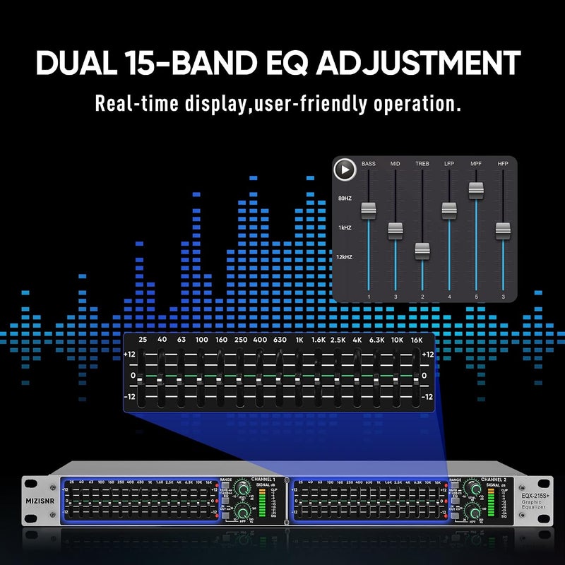 MIZISNR Stereo Graphic Equalizer for Home Audio System, Dual Channel 15-Band Pro DJ EQ, Noise Reduction 1U Rack Mount (EQX-215S) - Image 2