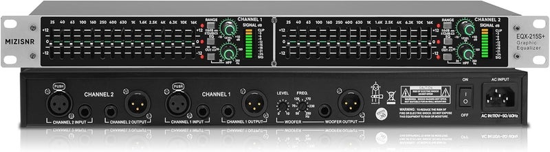 MIZISNR Stereo Graphic Equalizer for Home Audio System, Dual Channel 15-Band Pro DJ EQ, Noise Reduction 1U Rack Mount (EQX-215S) - Image 1