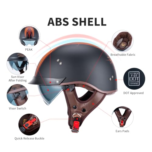 VCOROS Half Helmet Motorcycle DOT Approved Open Face Helmet with Sun Visor and Quick Release Buckle for Adults Men and Women (Angel, M) - Image 2