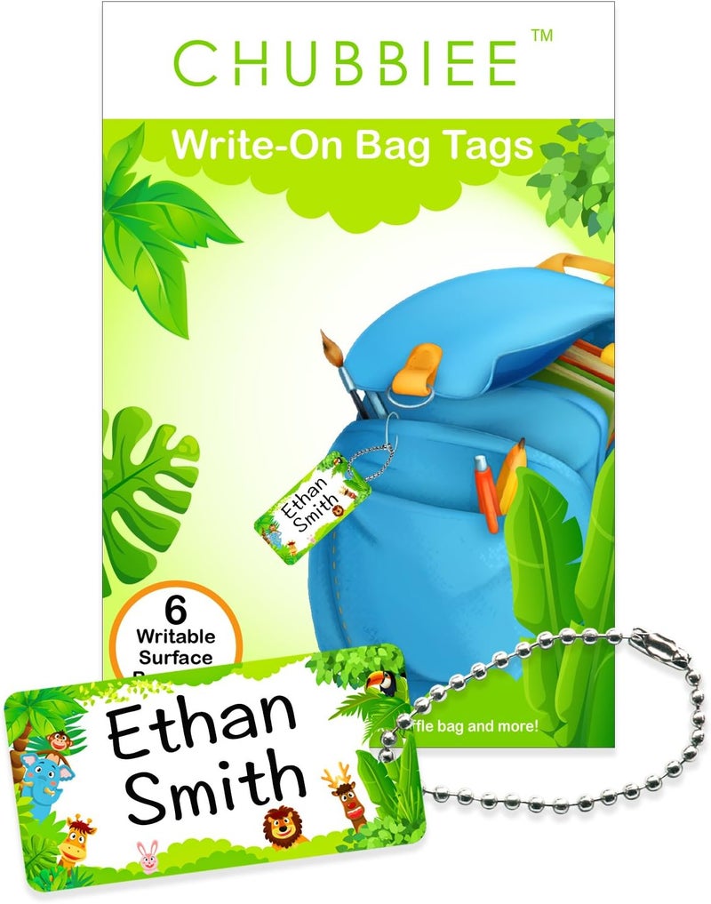 CHUBBIEE Child ID Bag Tags, Write-On Kids Name Tags for Backpack, Lunchbox & Diaper Bag, Great for Preschool & Daycare, Pack of 6 (Green Forest) - Image 1