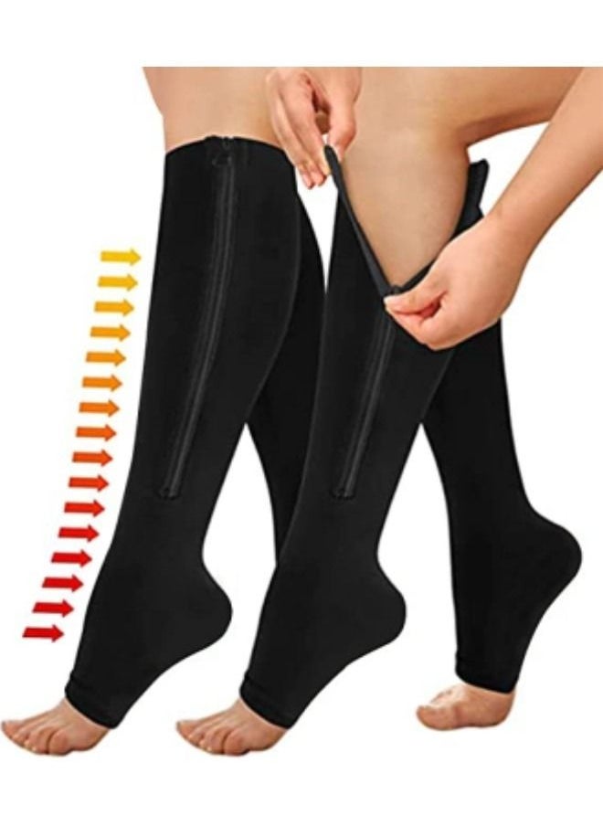Generic - Compression Socks for Women & Men with Zipper, 2 Pairs  Open Toe Calf Knee High Compression Stocking,Black - Image 1