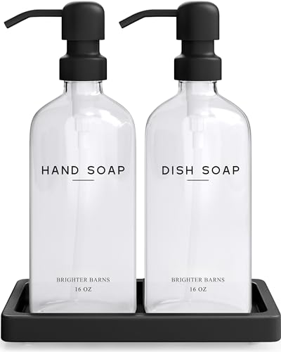 Brighter Barns Glass Hand and Dish Soap Dispenser Set by Brighter Barns - Kitchen Soap Dispenser Set with Tray, Stainless Steel Pump - Glass Bottles for Sink - Black Kitchen Accessories for Home, Hotel, Gift (Clear) - Image 1