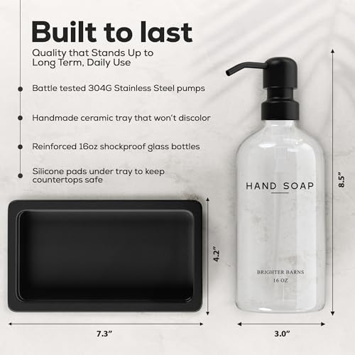 Brighter Barns Glass Hand and Dish Soap Dispenser Set by Brighter Barns - Kitchen Soap Dispenser Set with Tray, Stainless Steel Pump - Glass Bottles for Sink - Black Kitchen Accessories for Home, Hotel, Gift (Clear) - Image 3
