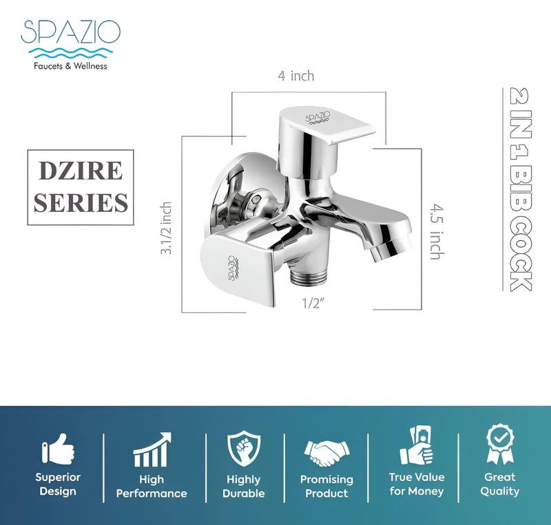 Spazio Dzire Series Brass 2 Way Bib Cock 2 in 1 Tap Pack of 1 for Bathroom Kitchen Chrome Finish Silver Plated Twin Elbow Valve Faucet Wall Mount Installation Type - Image 2