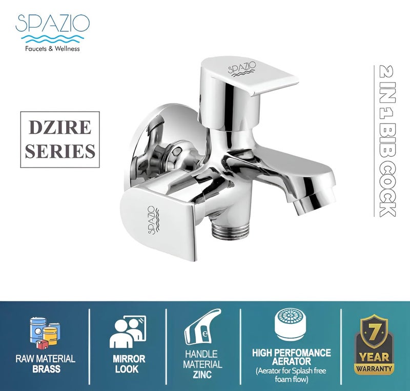 Spazio Dzire Series Brass 2 Way Bib Cock 2 in 1 Tap Pack of 1 for Bathroom Kitchen Chrome Finish Silver Plated Twin Elbow Valve Faucet Wall Mount Installation Type - Image 3