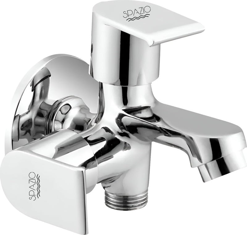 Spazio Dzire Series Brass 2 Way Bib Cock 2 in 1 Tap Pack of 1 for Bathroom Kitchen Chrome Finish Silver Plated Twin Elbow Valve Faucet Wall Mount Installation Type - Image 1