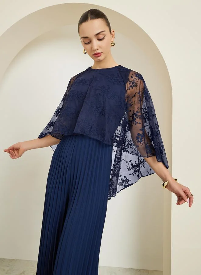 Styli  Navy Cape Sleeve Wide Leg Pleated Jumpsuit for Women | Best Price UAE