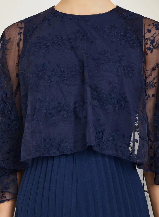 Styli  Navy Cape Sleeve Wide Leg Pleated Jumpsuit for Women | Best Price UAE