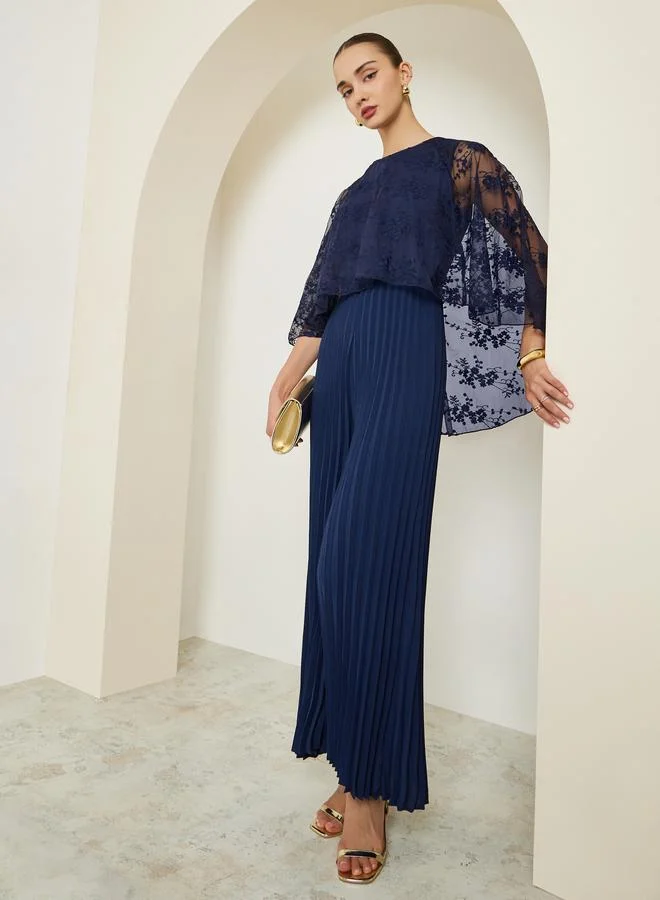 Navy Cape Sleeve Wide Leg Pleated Jumpsuit